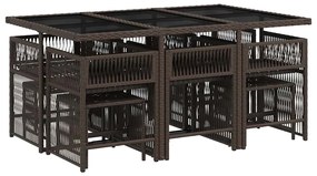 11 pcs conjunto jantar p/ jardim c/ almofadões vime PE castanho