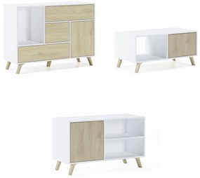 Conjunto de móveis Wind Sala de estar/jantar, Estrutura cor Branco portas e gavetas Castanho - Buffet-Móvel TV100- mesa de café Branco/Castanho