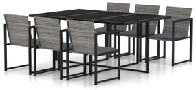 vidaXL 7 pcs conjunto jantar exterior com almofadões vime PE cinzento