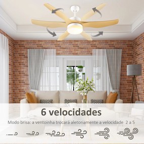 Ventoinha de Teto 20,5W Diâmetro 132cm com Luz LED Ajustável 3 Lâminas Reversíveis 6 Velocidades e Temporizador Madeira