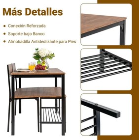 Conjunto de mesa de cozinha com 2 cadeiras e 1 banco Estrutura metálica e estante castanho claro