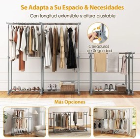 Cabideiro Duplo com Rodas, Altura Ajustável e Largura Extensível, Metal Resistente para closet, Lavandaria ou Sala 140-195 cm Cinza