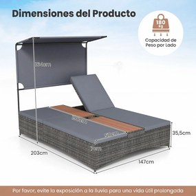 Espreguiçadeira Dupla de Jardim com Parasol, 203 x 147 x 164 cm, Encostos Ajustáveis em 5 Níveis, Cinzento