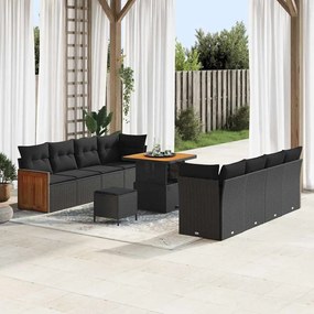 Conjunto de Sofá de Jardim vidaXL com 11 Peças e Almofadas Preto Rattan de Polietileno Acácia
