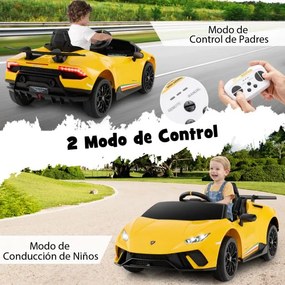 Carro Elétrico Lamborghini Licenciado para Crianças 12V com Controlo Remoto Luzes LED Música Buzina Arranque Suave Amarelo