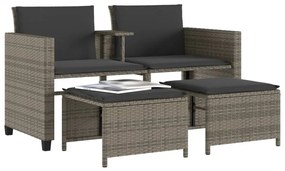 Sofá de jardim de 2 lugares com mesa e bancos vime PE cinzento