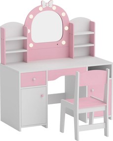 Penteadeira Infantil com Espelho LED 2 Cores, Banco, 2 Armários, Gaveta e Prateleiras, Rosa