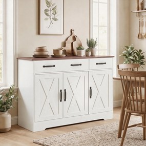 Aparador de cozinha 108 x 40 x 81 cm, móvel de arrumação com 3 portas de estilo celeiro, 2 gavetas e prateleiras ajustáveis, branco, castanho