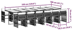 13 pcs conjunto jantar p/ jardim c/ almofadões vime PE cinzento