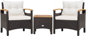Conjunto jardim de 3 peças de mobiliário de jardim com mesa de centro Almofada amovível Apoio de braços em madeira de acácia para pátio Piscina Castan