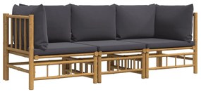 3pcs conj. lounge de jardim bambu c/ almofadões cinzento-escuro