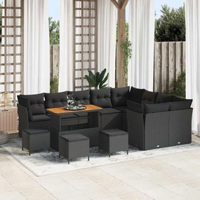 Conjunto de Sofá de Jardim vidaXL de 13 Peças com Almofadas Preto Rattan PE Acácia