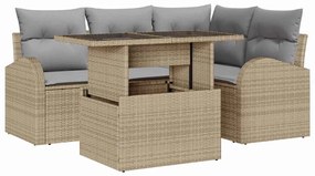 Conjunto de Sofá de Jardim de 5 Peças com Almofadas em Rattan PE Bege