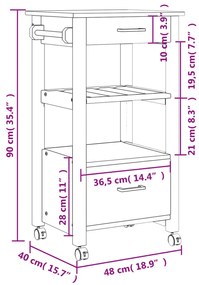 Carrinho de cozinha MONZA 48x40x90 cm madeira de pinho maciça