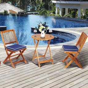 Conjunto 5 Peças Móveis Bistro de Madeira 2 Cadeiras com Almofada Mesa de Madeira de Acácia Mesa de Exterior Dobrável para Terraço Jardim Piscina Azul