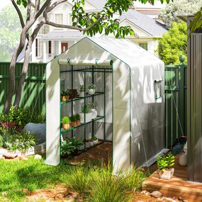 Estufa de jardim 140 x 143 x 190 cm com 1 porta, 2 janelas e prateleiras de 3 níveis para legumes, plantas e flores; cobertura em PE branca