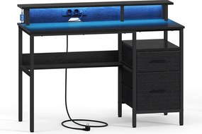 Secretária com iluminação LED, 2 tomadas CA e 2 portas USB 55 x 135 x 90 cm e com suporte para monitor Preta