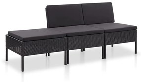 vidaXL 3 pcs conjunto lounge de jardim c/ almofadões vime PE preto