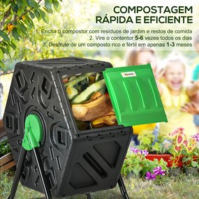 Compostor Giratório de 65L Recipiente de Compostagem de Jardim com Câmera Dupla Aberturas de Ventilação 60x49x77 cm Preto