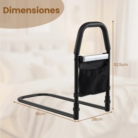 Barreira de cama para idosos 61 x 28 x 52,5 cm com pega de segurança, luz com sensor de movimento e bolso; barreira anti-queda preta