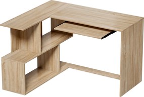 HOMCOM Secretária de Canto, 120 x 100 x 76 cm, Secretária Informática em L com Bandeja para Teclado, 4 Compartimentos Abertos, Natural | Aosom Portugal