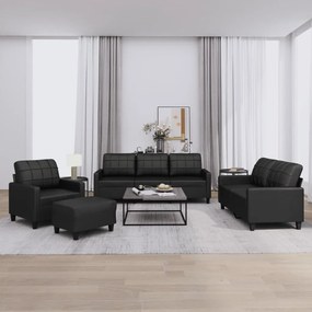 4 pcs conjunto de sofás com almofadões couro artificial preto