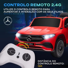 Carro Elétrico para Crianças Mercedes-Benz EQA 12V com Música Buzina Velocidade 3-8 km/h 111,5x69x52,5 cm Vermelho