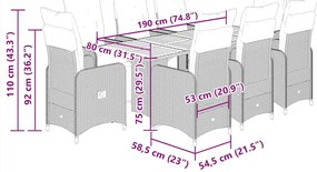 9 pcs conjunto bistrô de jardim c/ almofadões vime PE cinzento