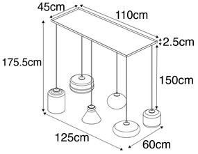 Candeeiro suspenso art déco preto com vidro fumê 6 luzes - Wallace Art Deco