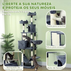 Arranhador para Gatos Grande 60x50x206 cm Torre para Gatos com Plataformas Caverna Bolas Suspensa e Rede Cinza Escuro