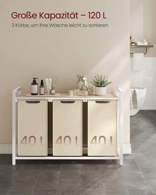 Cesto da roupa com 3 compartimentos e prateleira prática 92,5 x 33 x 72 cm bege cappuccino-bege natural