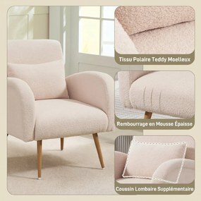 Poltrona de sala em tecido Teddy, cadeira estofada, assento largo, almofada lombar, pés em metal com efeito de madeira, bege