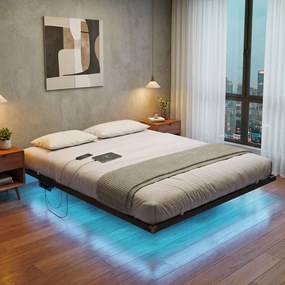 Estrutura de cama 160 x 200 cm com iluminação LED, porta USB-C e extensão (COLCHÃO NÃO INCLUIDO) Preta