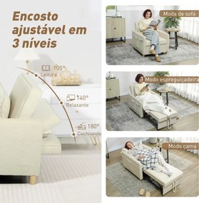 Poltrona Cama Estofado em Veludo Ecológico com Encosto Ajustável 3 Níveis 6 Bolsos Laterais 74x85,5x82 cm Bege