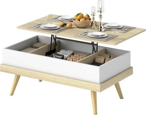 Mesa de Centro Elevatória com 3 Compartimentos de Armazenamento Ocultos e Pés de Madeira 100x79x54 cm Madeira e Branco