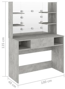 Mesa de maquilhagem c/ luzes LED 100x40x135cm MDF cinza cimento