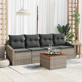vidaXL Conjunto de Sofá de Jardim de 5 Peças com Almofadas Cinza Rattan Poliéster Acácia