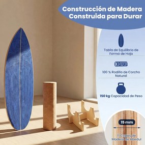 Prancha de equilíbrio para adultos em madeira com rolo de cortiça e estante de arrumação para treino do tronco e surf oscilante azul-marinho