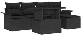 Conjunto de Sofá de Jardim de 6 Peças com Almofadas Preto Rattan Poliéster