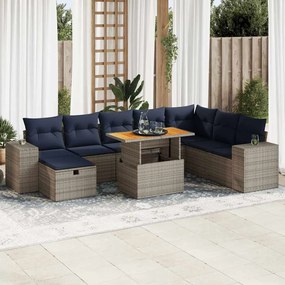 9 pcs conjunto sofás jardim almofadões vime PE/acácia cinzento