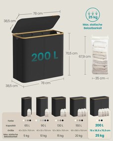 Cesto da roupa suja 200L com tampa 78 x 38,5 x 70,5 cm Preto