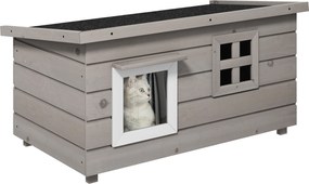 Pawhut Casa de Gato com Telhado de Asfalto Toca de Gato Animal Pequeno com Janela Externa Ao Inverno Madeira Cinza Preto 87x52x44 cm | Aosom Portugal