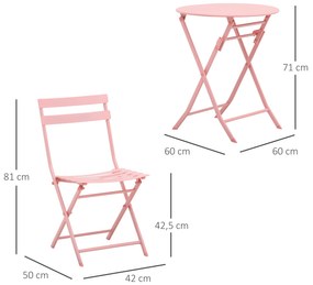 Conjunto de Móveis de Jardim Dobráveis Conjunto de 1 Mesa Redonda e 2 Cadeiras de Varanda com Estrutura de Aço Rosa