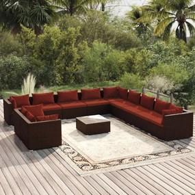 vidaXL 12 pcs conjunto lounge jardim c/ almofadões vime PE castanho