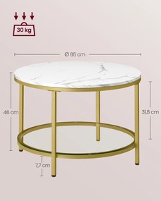 Mesa de centro com 2 níveis e tampo em vidro 65 x 46 cm (Ø x A) branco mármore e dourado claro