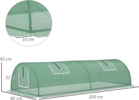 Mini Estufa para Cultivo de Plantas com 4 Janelas Estrutura em Aço e Cobertura de PE Anti-UV 200x80x45 cm Verde
