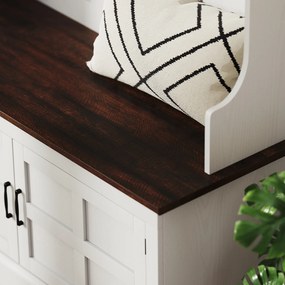 Móvel Cabide de Entrada com Banco Sapateira 5 Ganchos 3 Prateleiras Armário e Compartimentos Estilo Rústico 105x40x180 cm Branco