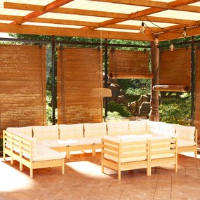 12 pcs conjunto lounge jardim c/ almofadões creme pinho maciço