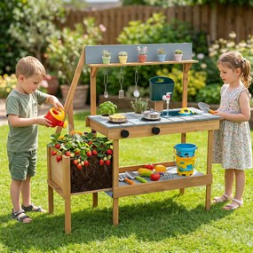 Cozinha brincar infantil para Brincar no Exterior, 93 x 36,5 x 96 cm, com Floreira Elevada, Natural