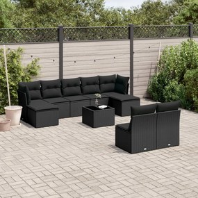 10 pcs conjunto sofás de jardim c/ almofadões vime PE preto